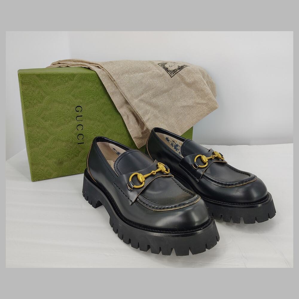 Gucci Harald Horsebit Platform Lug Loafers Bee Embroidery Size 38